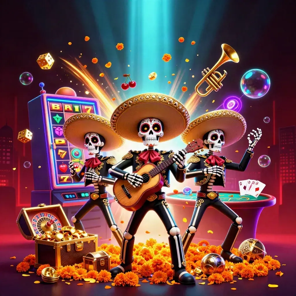 Day-of-the-Dead skeleton mariachi trio with exploding casino treasure and lights