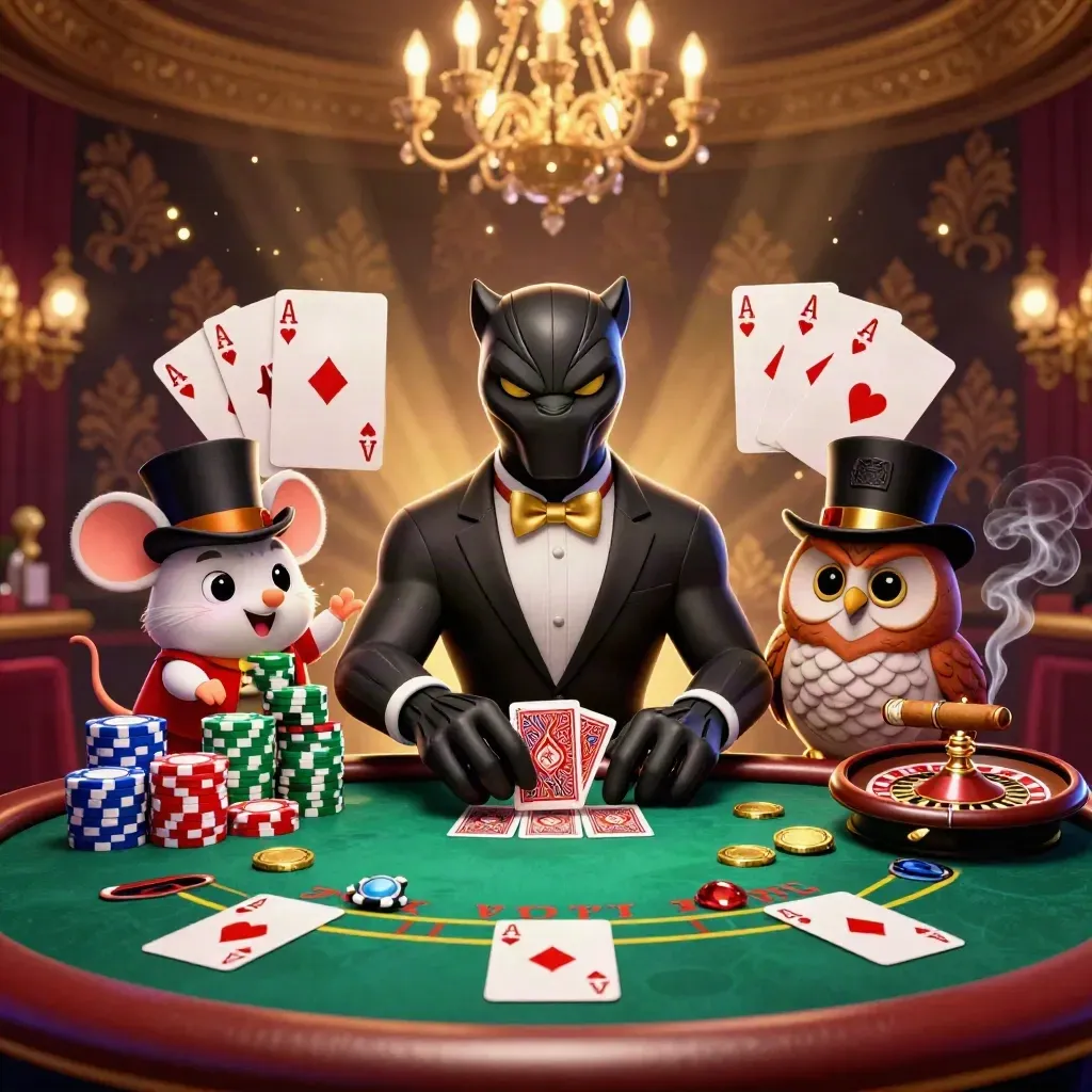 Tuxedo panther, monocle owl, and red-vest mouse at a luxe blackjack table with glowing casino lights.