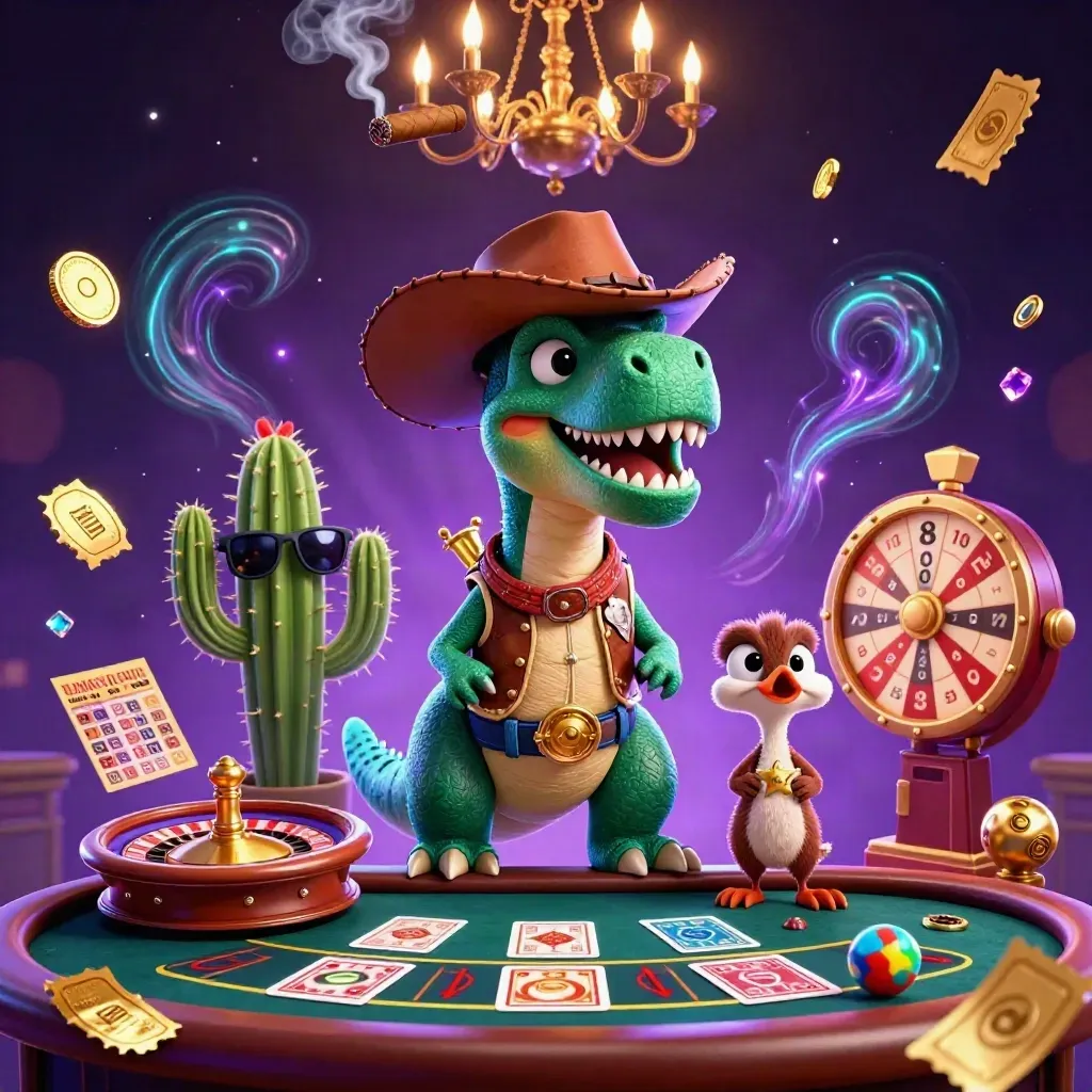 Cowboy T-Rex, cactus sidekick, and roadrunner in a luxe casino burst amid glowing game props.