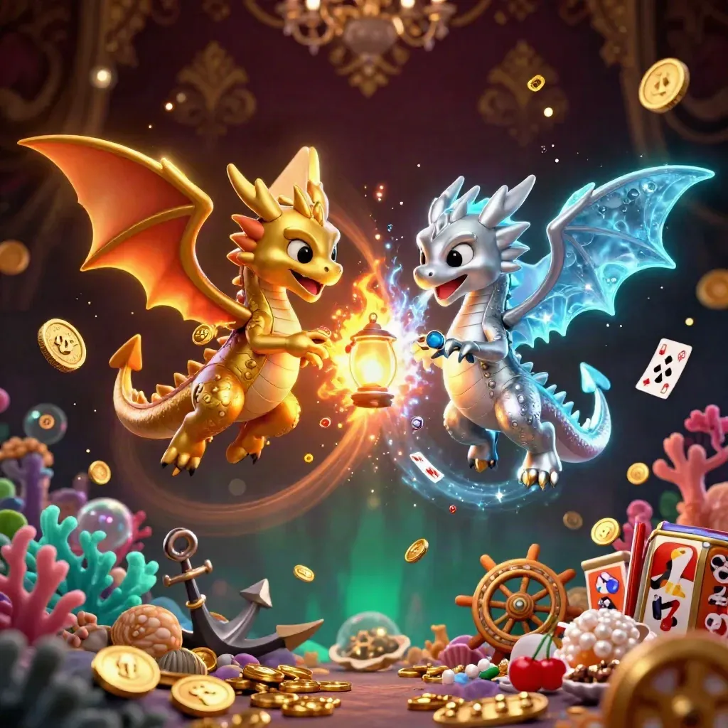 Twin gold and silver dragons clash over a treasure cove with coins and glowing coral.