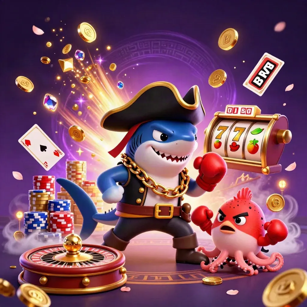 Shark pirate, boxing pufferfish, and baby octopus amid coins, chips, cards, and casino magic.