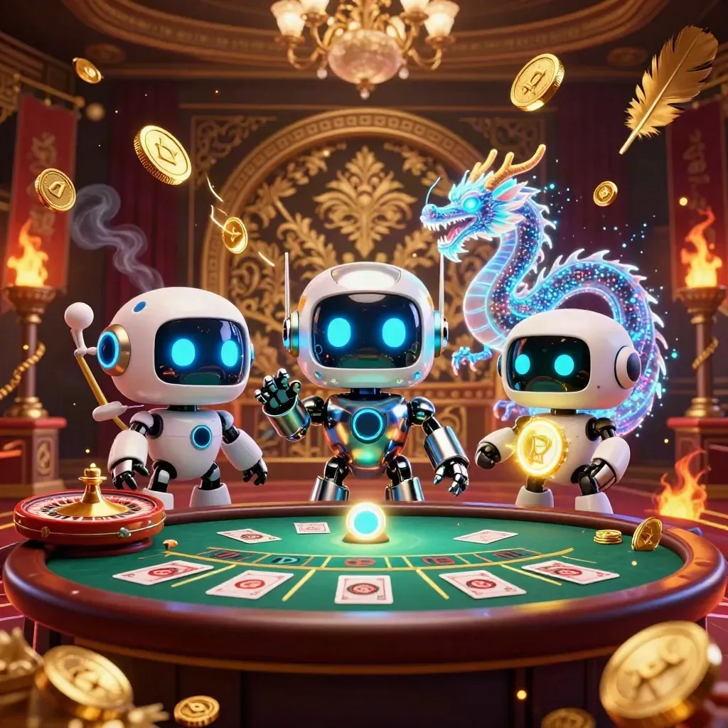 Cyberpunk robot, holographic dragon, and coin drone amid casino treasure and blackjack props