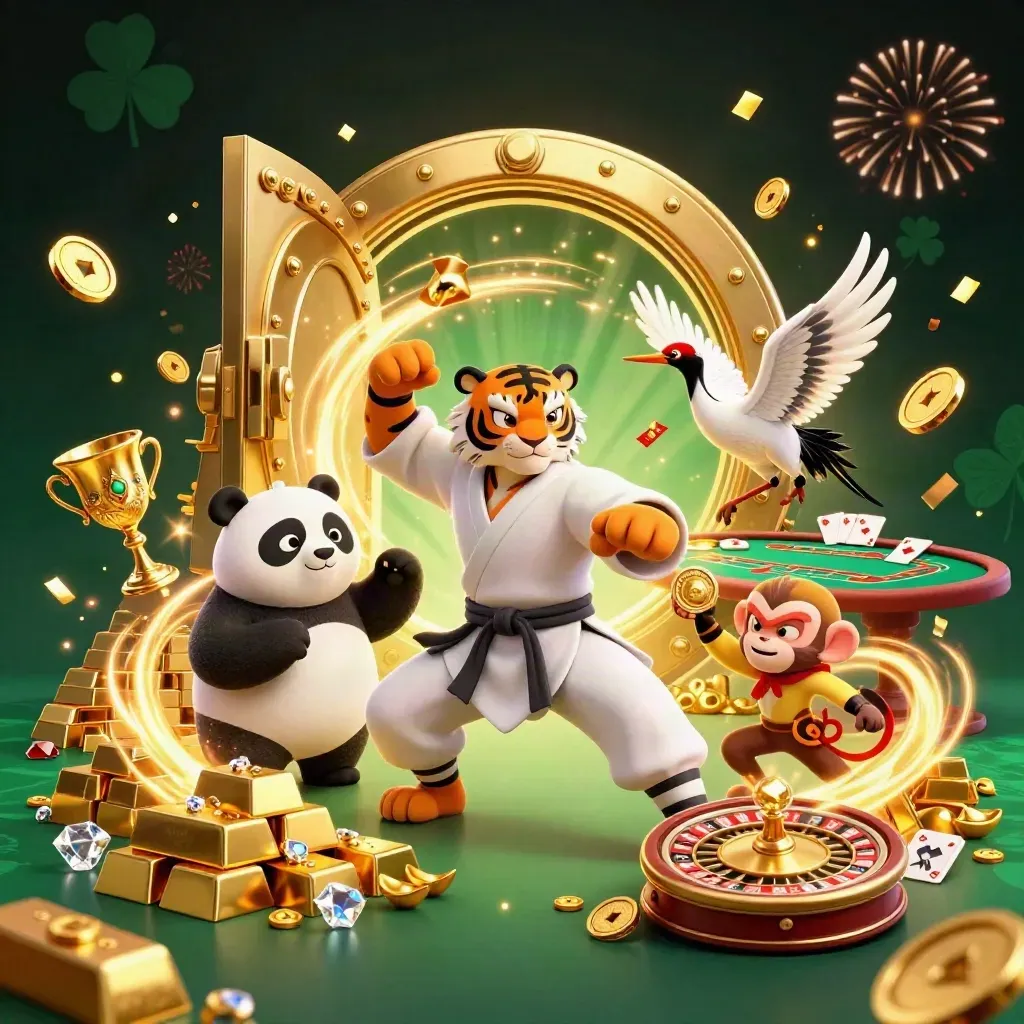 Kung-fu tiger, panda, and monkey celebrate as a vault explodes with gold over a blackjack table.