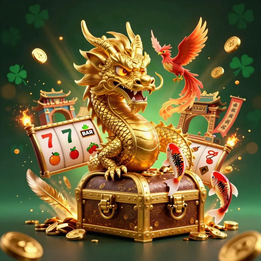 Golden dragon with phoenix and koi, treasure chest, coins, temple gate, and casino symbols.