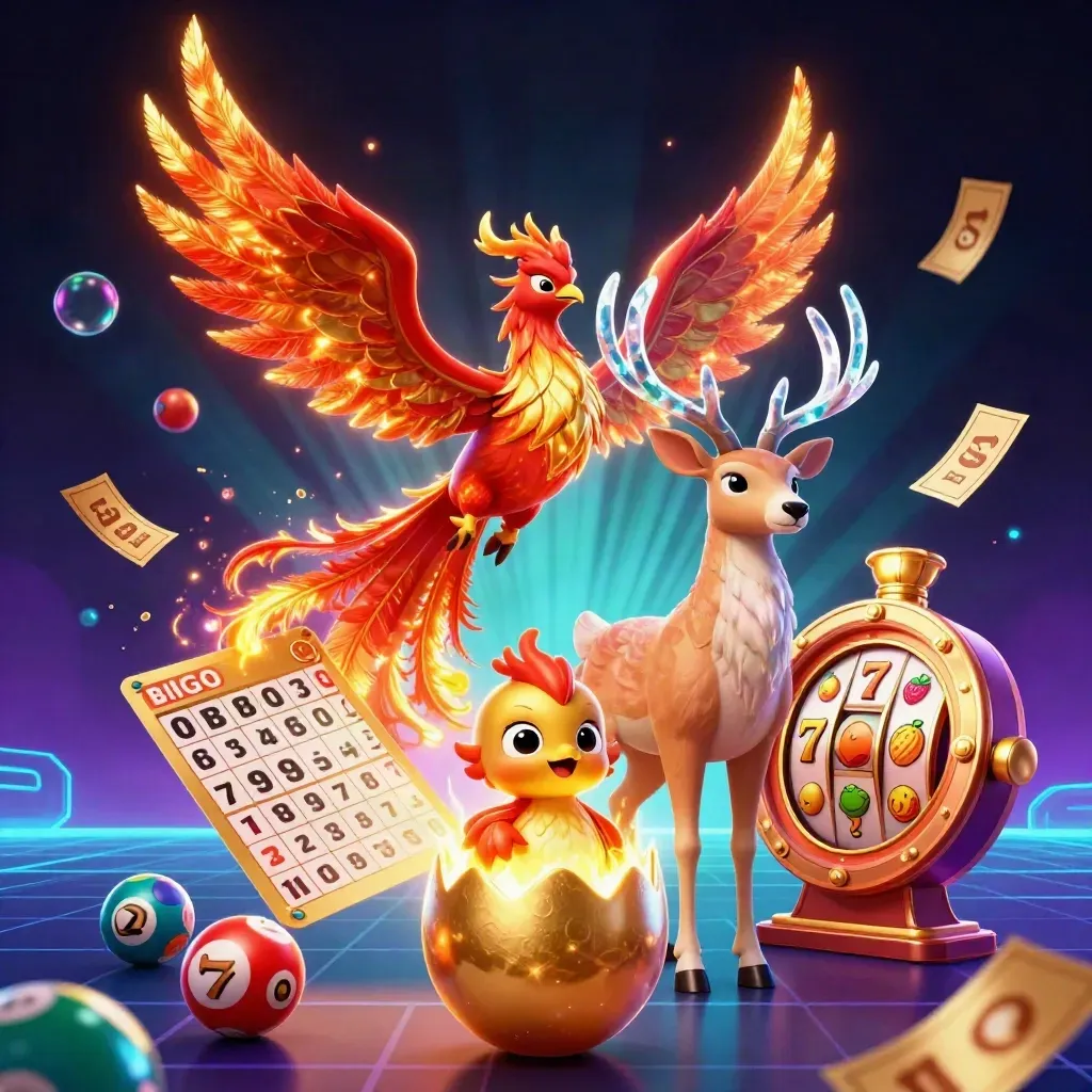 Phoenix, baby phoenix, and stag amid casino game symbols on a dark neon grid.